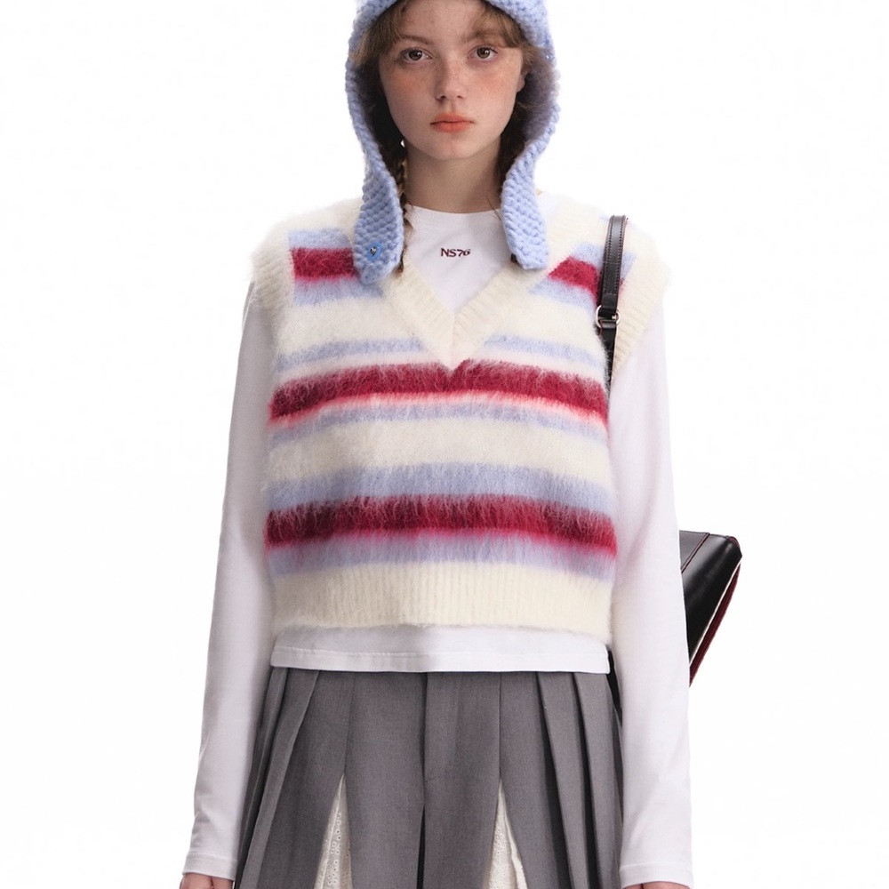 Colorful Striped Wool Knit Vest – Size L (Authentic)